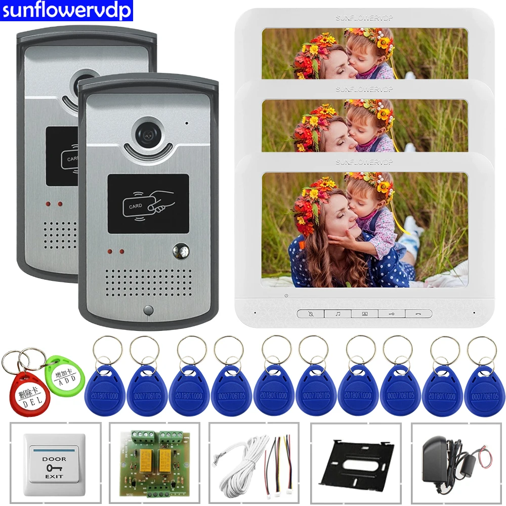 

7" Color Home Intercom 3 Monitors Video Door Phone Rfid Cards Unlock Camera Security Door Entry Wired Video Doorbell Camera Bell