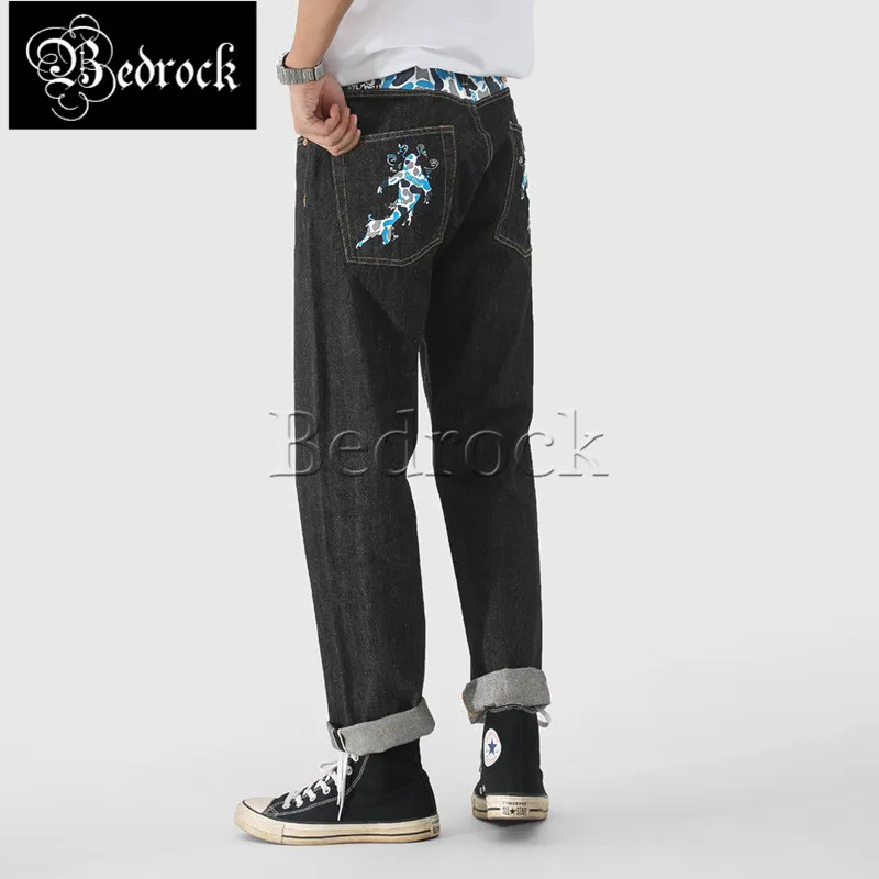 MBBCAR selvedge jeans 14oz raw denim jeans one washed black Men's camouflage koi print rope black jeans loose tapered jeans 7277