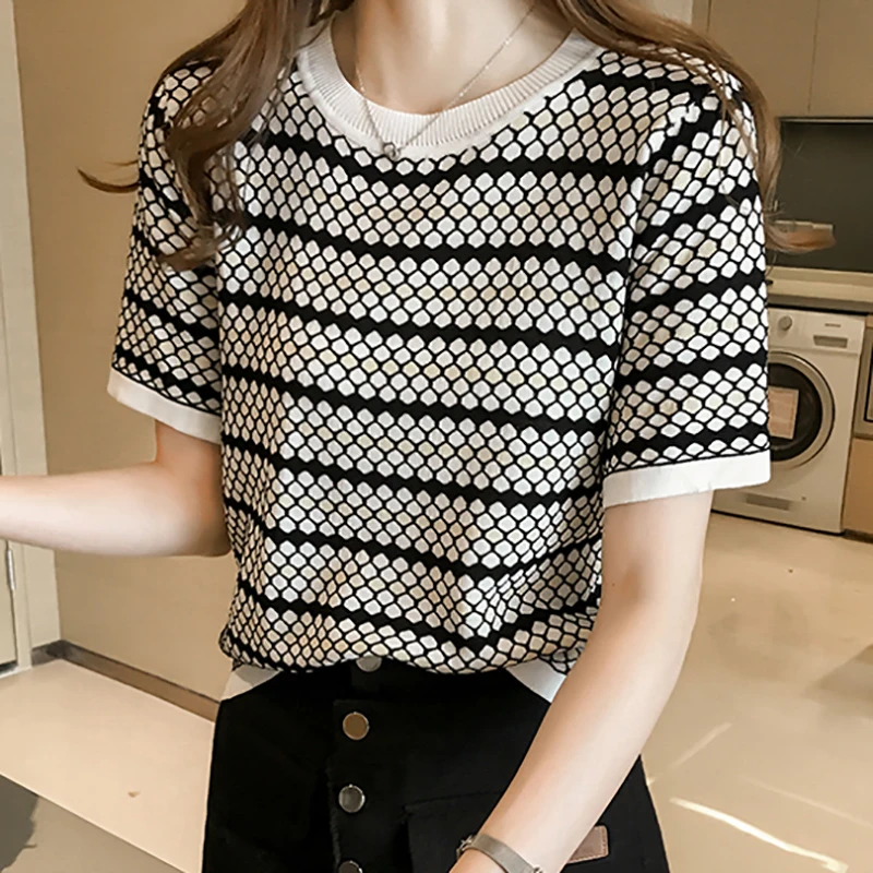 

Striped Sweater Women Short Sleeve Pullover Casual O-Neck Korean Style Clothes Knitted Womens Sweaters Pullovers Sweter Mujer
