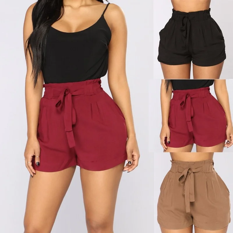 

2021 Summer Women High Waist Tie Belt Khaki Fitness Shorts Bottoms Female Oversize Casual Wide-Leg Shorts Summer Clothing Womens