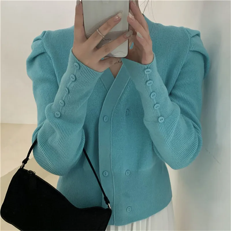 

Korean Style Blue Knitted Cardigan Sweater Women Elegant Puff Long Sleeve V-neck Slim Short Knitwear Jacket 2021 New Clothing