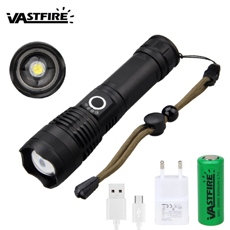 

XHP50 Micro USB rechargeable LED Flashlight Torch 1000LM light lantern for Camping Hiking Power indication with 26650 Battery