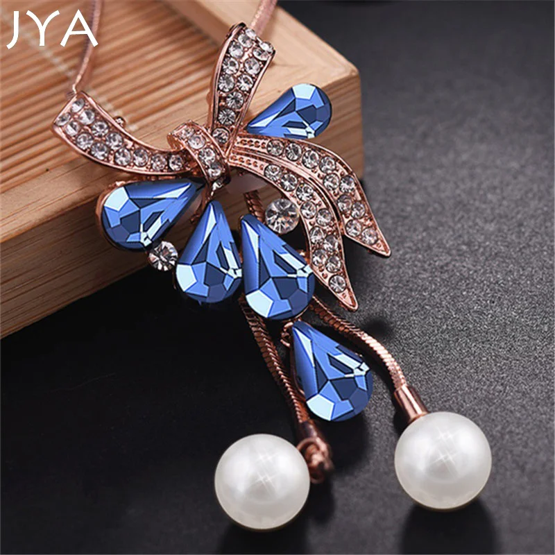 Cpop модное ожерелье для женщин Капля воды синий кристалл горный хрусталь Бант