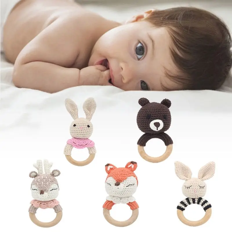

Crochet Wooden Ring Baby Teether Animal Rattle Chewing Teething Nursing Soother