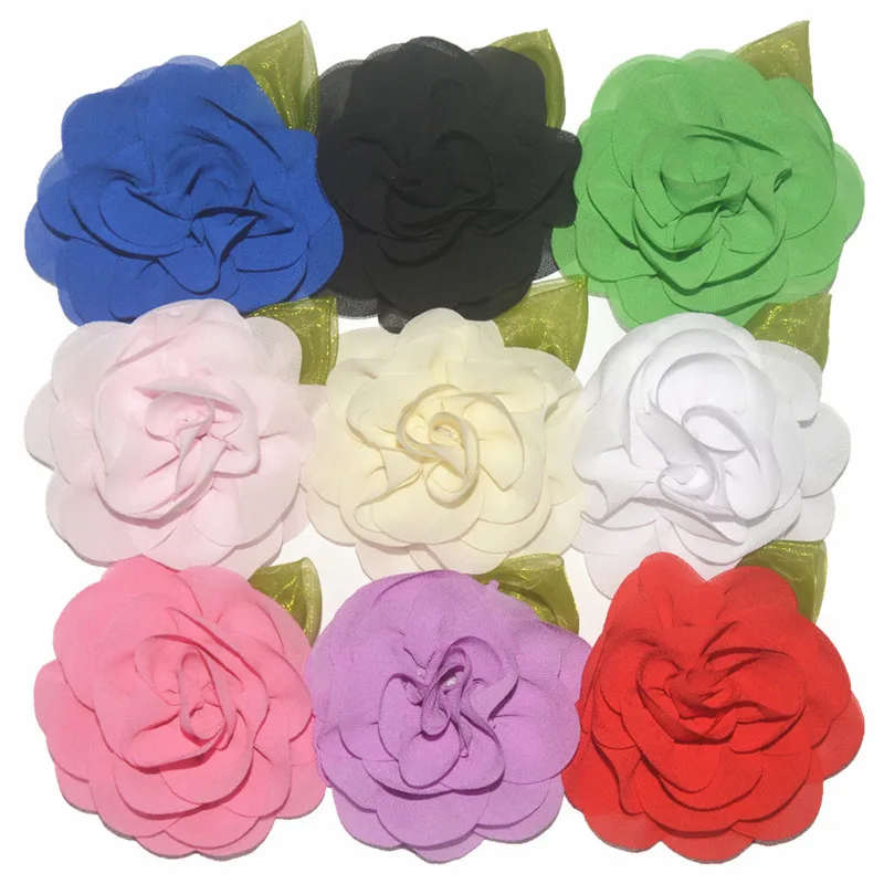 

30pcs/lot 10cm Green Leaf Large Chiffon Flower Flat back For girls Headband Kids Dresses Garment Hair Accessories 25 Colors