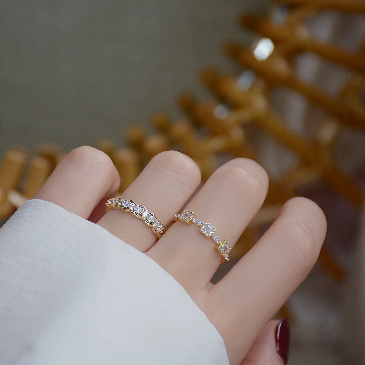 

14K Real Gold Micro-inlaid Zircon Square, Simple and Exquisite Temperament Open Design Cz Ring for Women