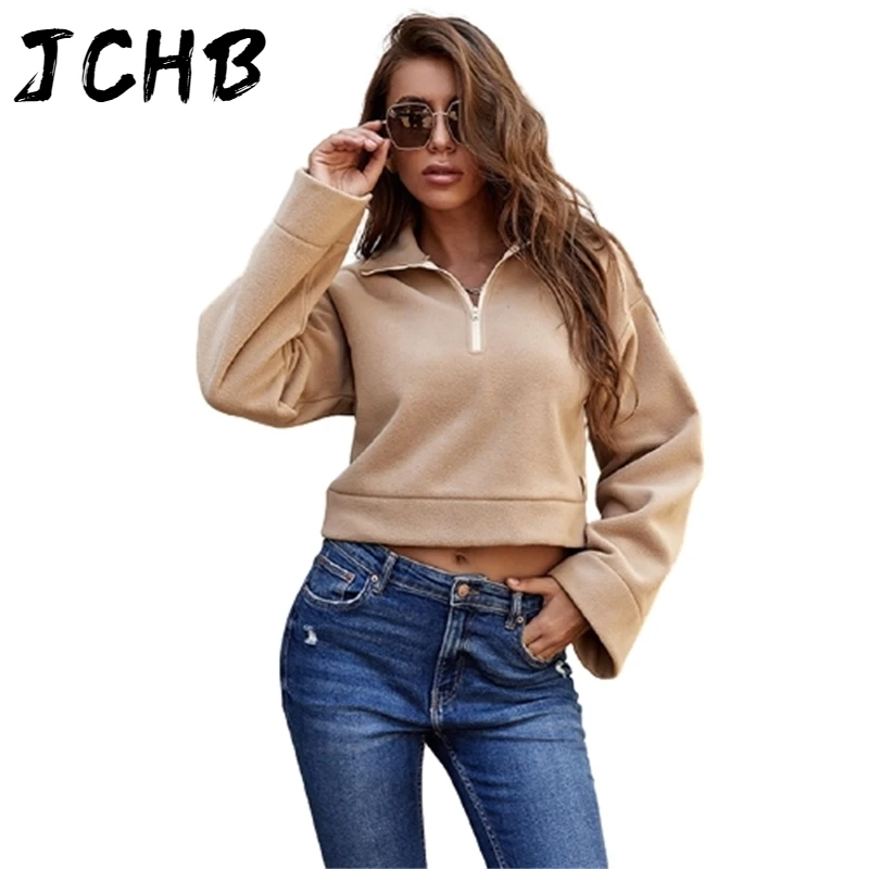 

Fleece Khaki Casual Short Hoodie Women Faux Fur Sweatshirt Top Autumn Winter Turn Down Collar Zipper Long Sleeve Pullovers Mujer