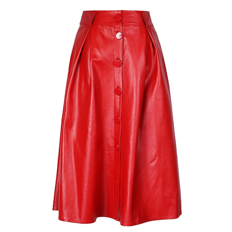 

Retro Women Genuine Leather Long Skirt Femme High Waist Button Folds Large Swing Sheep Leather Jupe Red Faldas Mujer Mid Calf