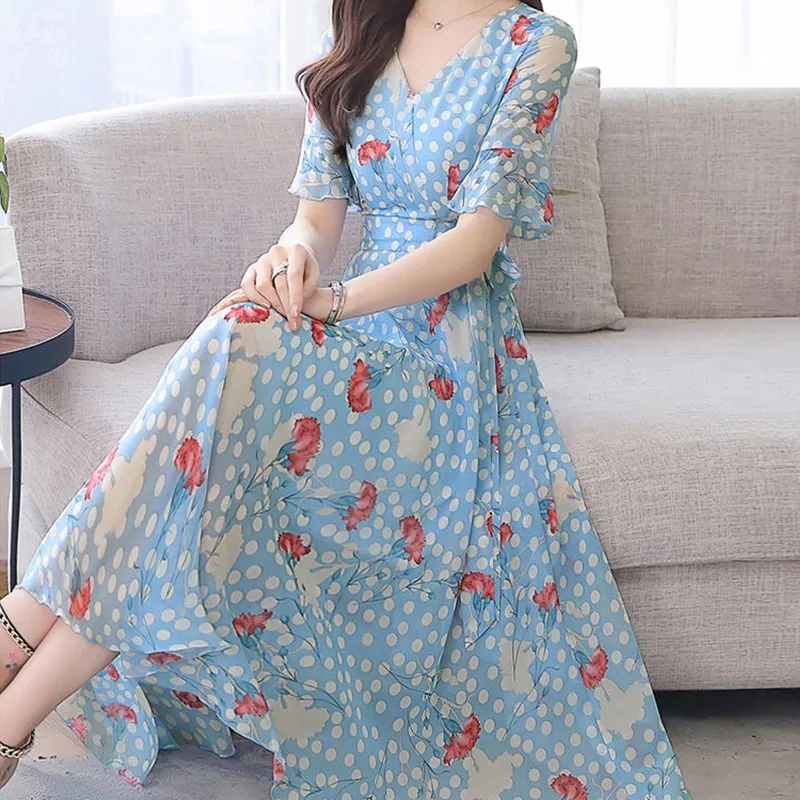 

New Women's V-neck High Waistline Fit and Flare Sleeve Floral Pattern Short Maxi Dresses A-line Summer Polyester Bohemian