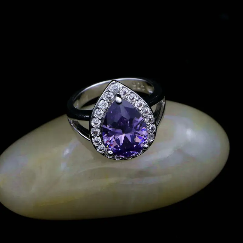 Набор ювелирных изделий из серебра 925 пробы с фиолетовым и белым кристаллами в форме капли на длинных серьгах/подвеске/ожерелье/браслете/кольце для женщин