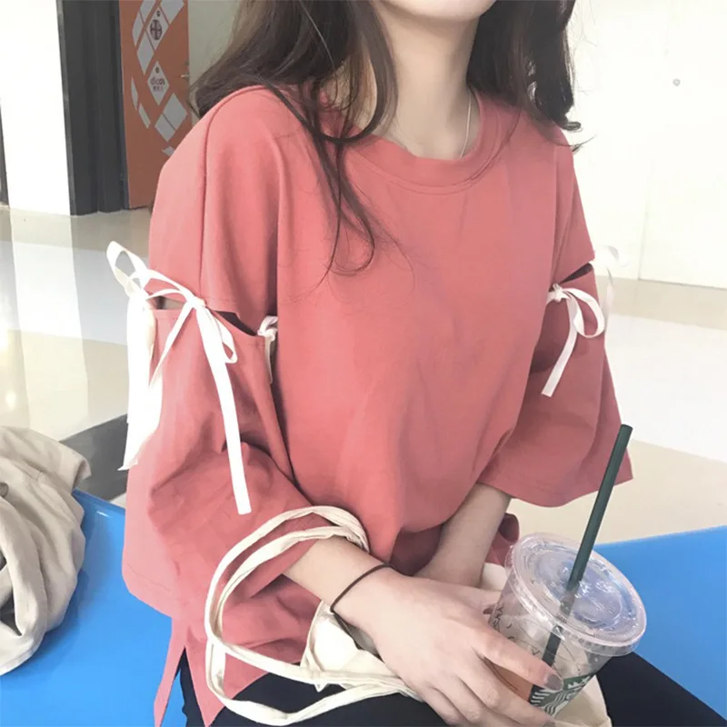 

T Shirts Women 2021 New Style Loose Quarter Solid Sweet Womens Korean Style All Match Flare Sleeve O-neck Drawstring Soft