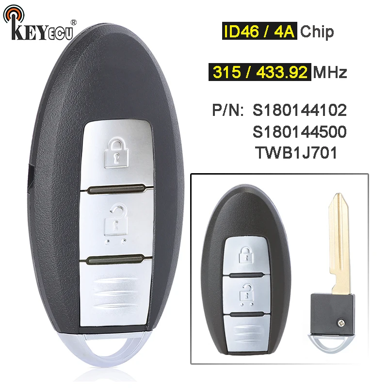 KEYECU 315 МГц/433 92 МГц ID46 / 4A чип TWB1J701 дистанционный смарт ключ брелок 2 кнопки для Nissan