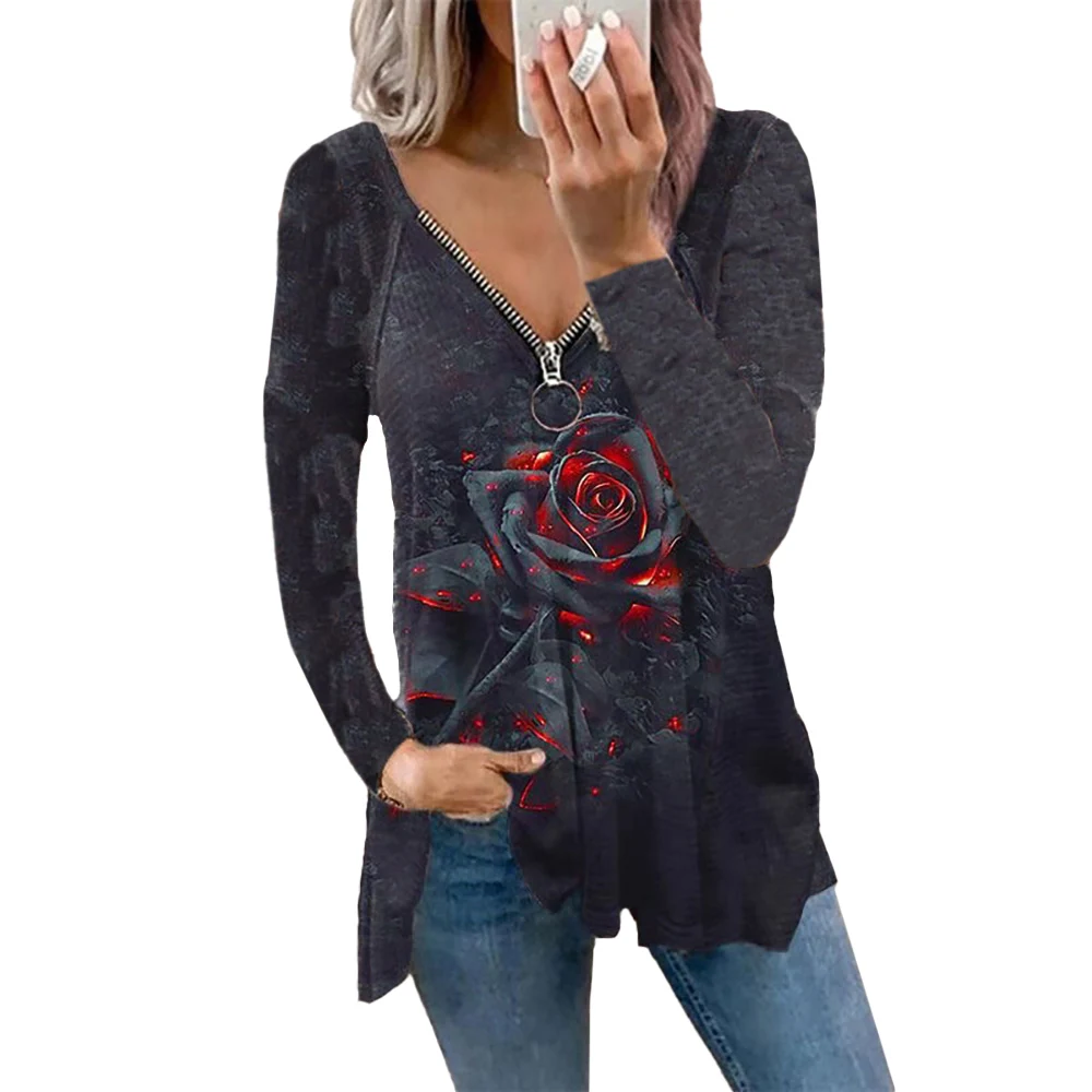

Women Sexy Zipper V-Neck Tops Rose Print Ladies Long Sleeve Black Vintage Shirt Tops Loose Casual Autumn Clothes New Spring 2021