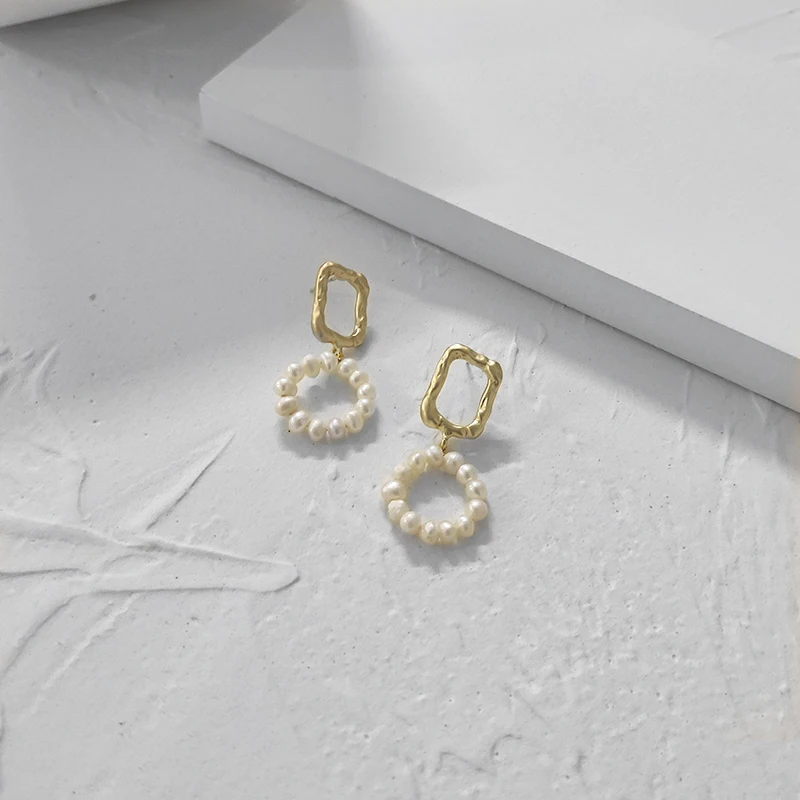 

Peri'sBox Matte Gold Color Square Earrings Natural Freshwater Pearl Earrings for Women Vintage Drop Earrings French Jewelry 2020