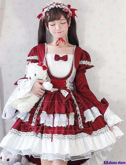 

Магазин косплея Сладкая Лолита платье ретро кружева бант расклешенные рукава малловидный хвост викторианское платье кавайная девушка Гот...