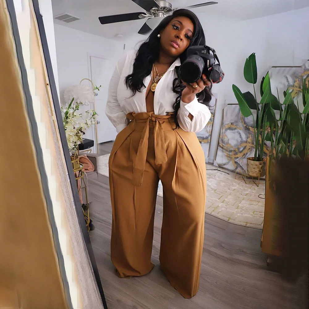 

Khaki Casual High Waist Woman Pants Lace Up Streetwear Loose Bandage Pocket Female Pants Straight Spring Pleated Trousers 2021