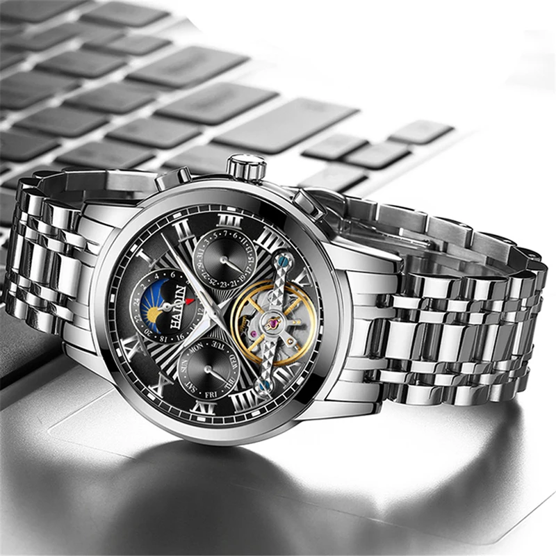 

Top Luxury Brand HAIQIN Men's Fashion Watch Stainless Steel Business Mechanical Wristwatch Tourbillon Automatic Waterproof Clock
