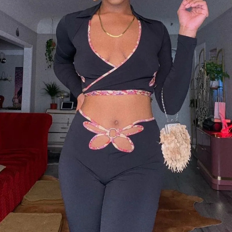 

Two Piece Set Women Deep V Neck Crop Tops And Pant Suits Summer New Fashion Waist Hollow Street Style Sexy Clubwear Outfits 2021