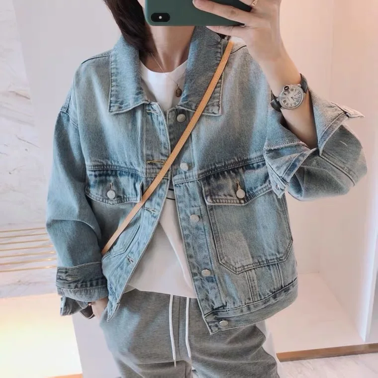 

2021 Spring and Autumn New European and American Denim Jacket Solid Color Loose Long-sleeved Korean Denim Jacket S-XL Jacket