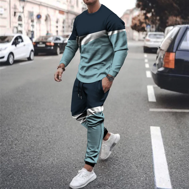 

2021 Men's New Retro Ethnic Style Autumn and Winter Fashion Color Stripes Two-Piece New Casual Sports Round Neck Long Sleeve