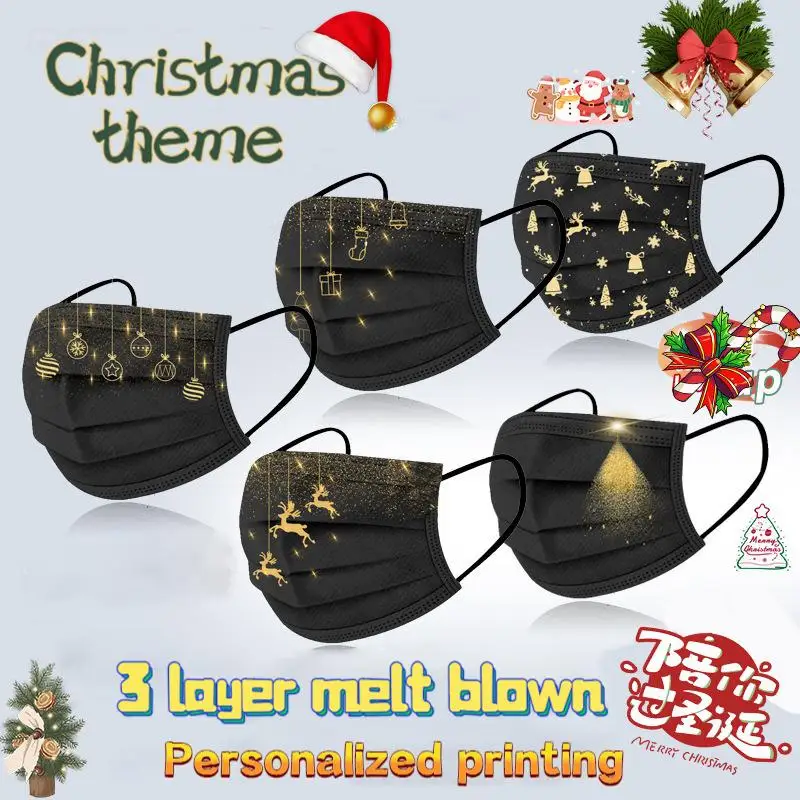 

10/50/100pcs Christmas Face Mask Unisex Printed Soft Face Cover 3-layer Adult Dustproof Pm2.5 Mask Earloop Bandage Cartoon Masks