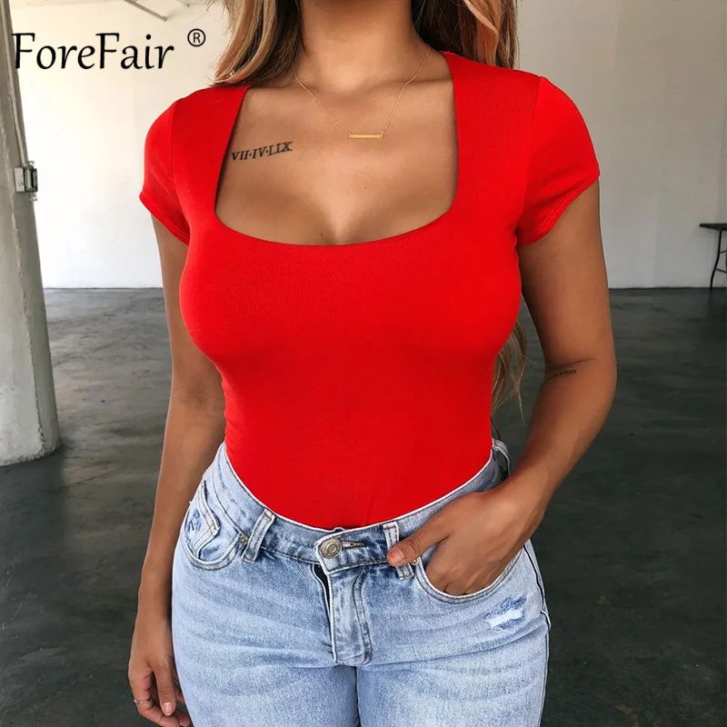 Женское боди с коротким рукавом Forefair черный или красный квадратным вырезом лето
