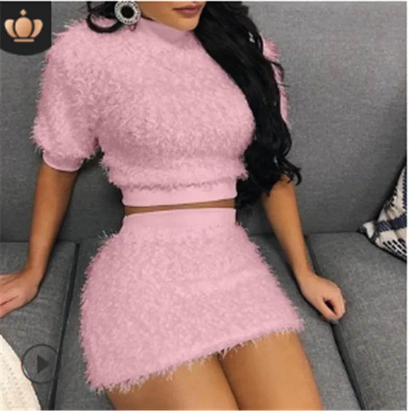 

Women Short sleeve Plush two-piece suit Women Solid Casula Sets
