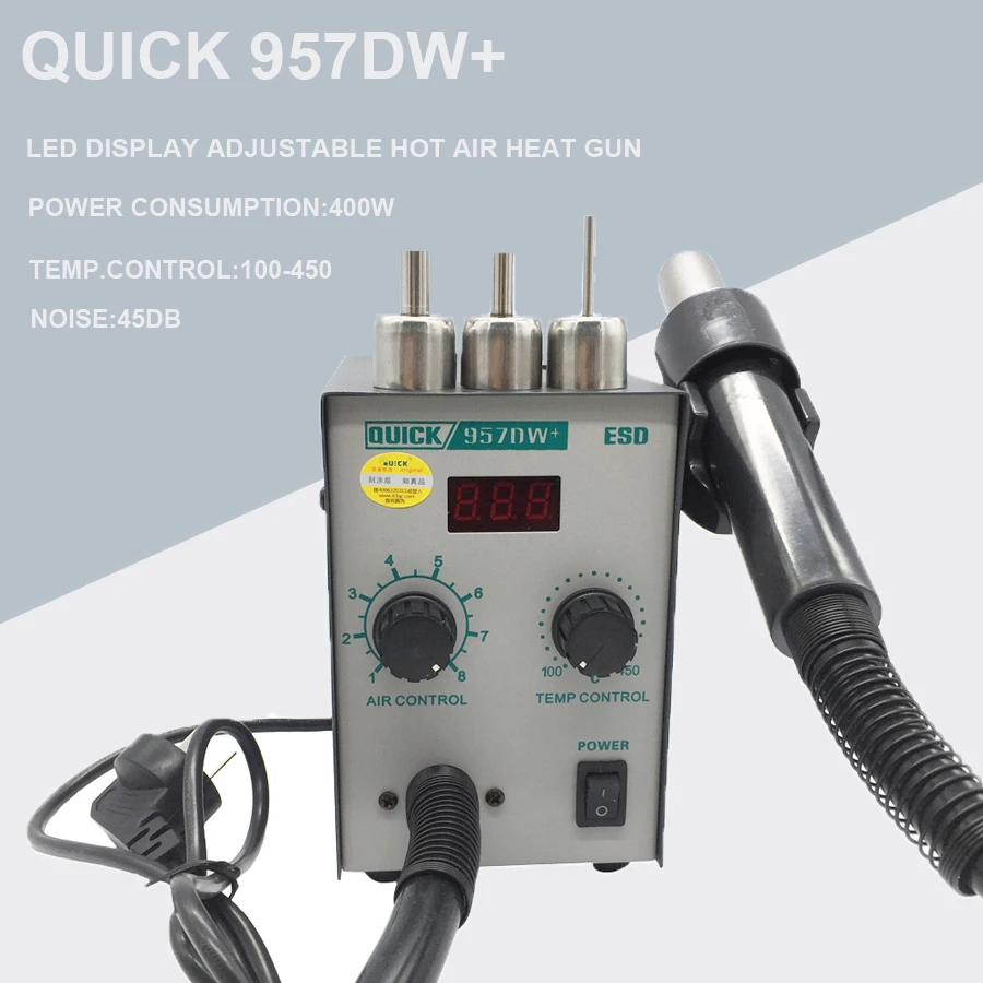 Новейшая модель; 220V быстрая 957DW+ светодиодный Дисплей Регулируемая горячий воздух Тепловая пушка с винтовой Ветер 400 Вт SMD паяльная станция с 3 воздушные сопла