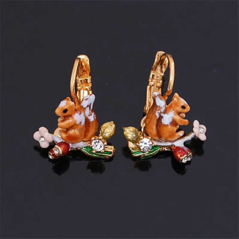 

Female Ttide Ins Niche Design Light Luxury Enamel Color Glaze Snow Squirrel Mushroom Berry Small Animal Ear Hook Earrings