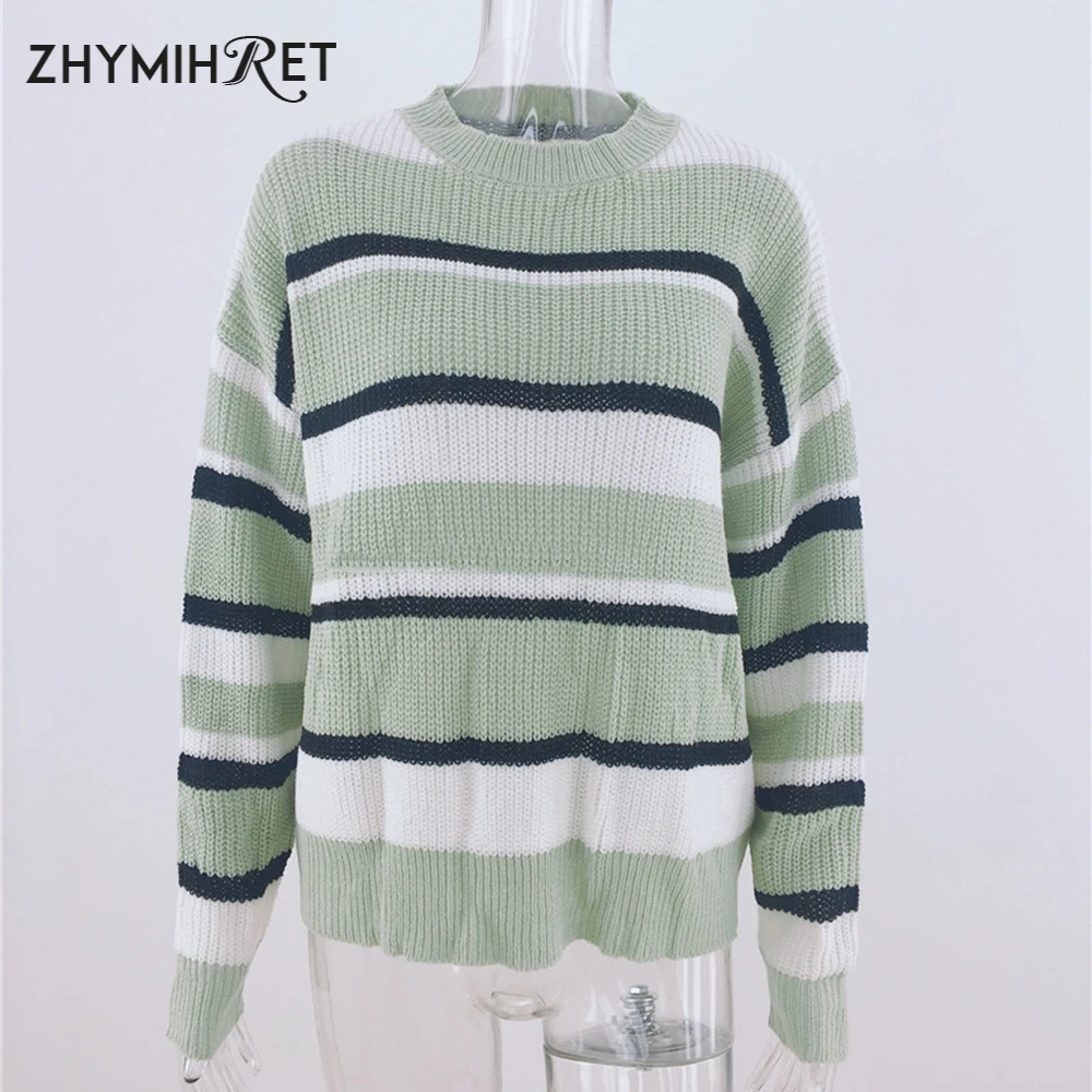 Женский трикотажный свитер ZHYMIHRET повседневный пуловер в полоску с длинным