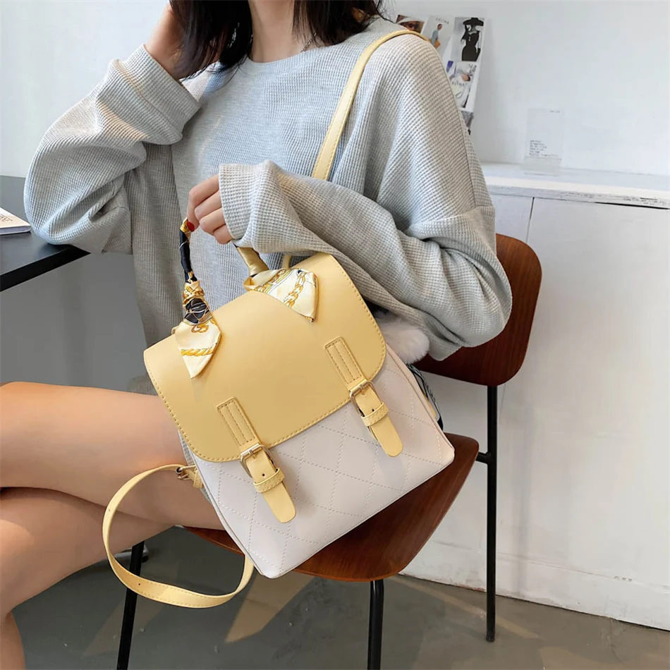 High Quality Leather Backpack for Female Women Fashion Bagpack Handbag Stitching Color Travel Shoulder Bag for Teenager Girls