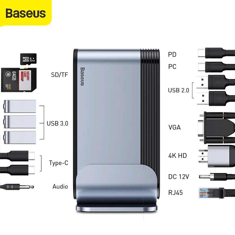 USB концентратор Baseus с 16 портами на 3 0 4K HDMI RJ45 VGA DC|USB-хабы| |
