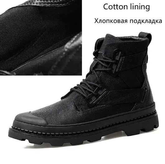 black cotton lining Мужские ботинки из натуральной кожи высококачественные теплые мужские зимние ботинки ручной работы зимняя обувь для мужчин, большие размеры 38-45, черного цвета - Цвет: black cotton lining
