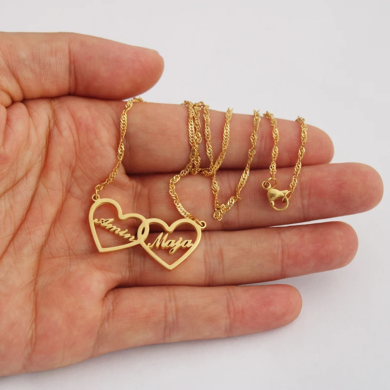 

Custom Double Heart Necklace Stainless Steel Two Name Pendants Personalized Gold Choker Jewelry For Wife, Best Friend Gift