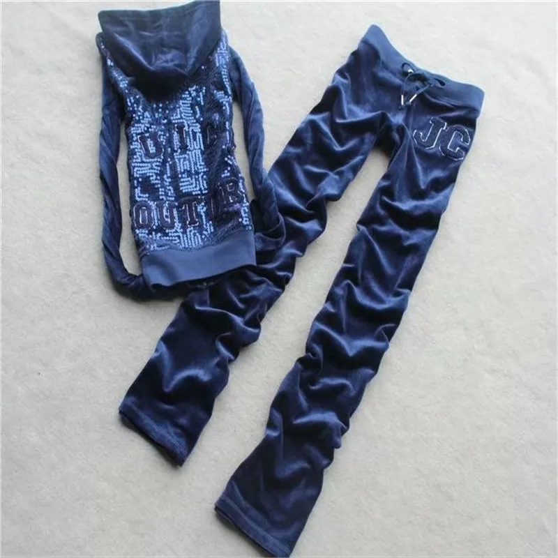 

Juicy Lovers Brand Back Sequins velvet women sporting suits Yoga Jogging Casual Tracksuits Hooded Collar Slim Sportswear suit