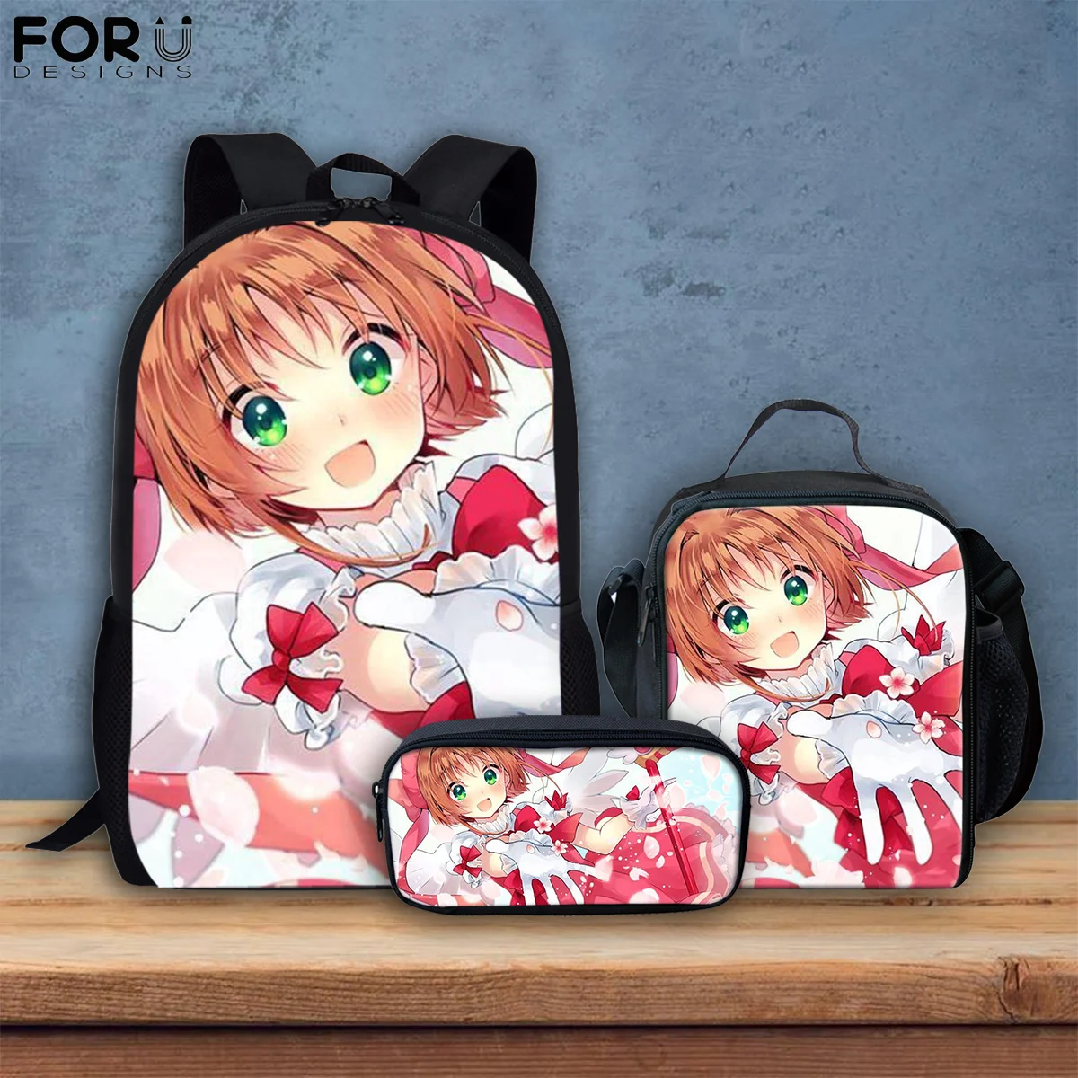 

FORUDESIGNS 3Pcs School Bag Set for Teenage Girls Cartoon Print Anime Variety Sakura Kids Bookbags Children Bookbag Mochila Gift
