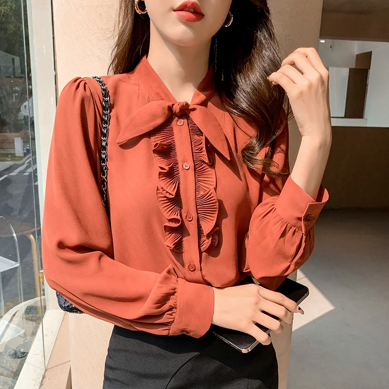 

Autumn Bow-knot Womens Shirts Blouses Wood Ear Lace Tie Long-sleeved Chiffon Ladies Tops Button Solid Elegant Women's Clothing