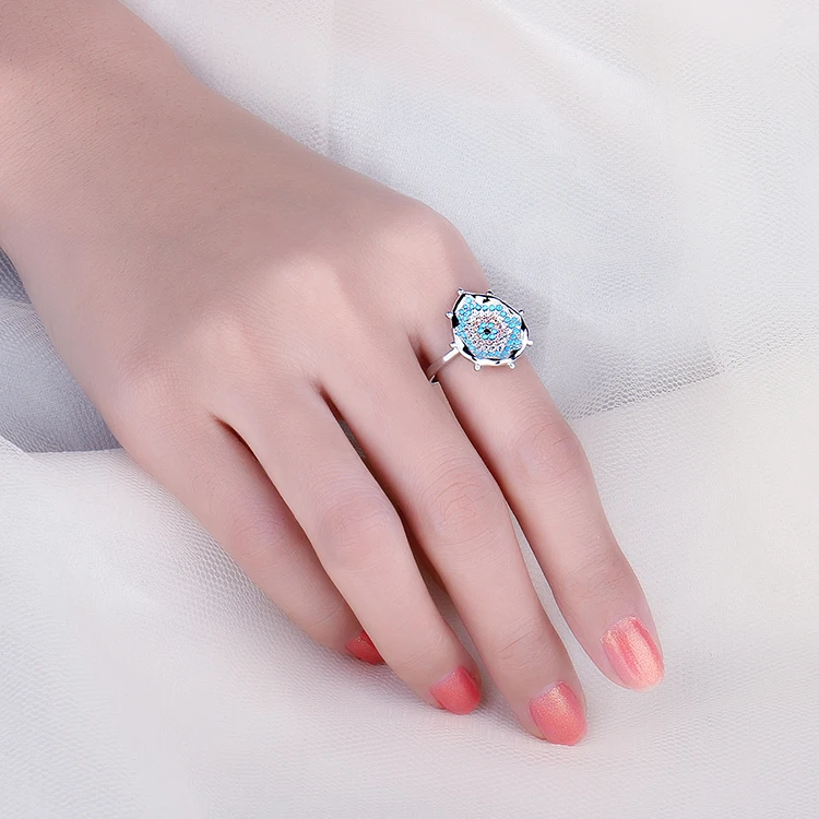 JewelryPalace Black Spinel Blue Nano Simulated Turquoise Champagne CZ Water Splash Vortex Cocktail Ring 925 Sterling Silver Gift