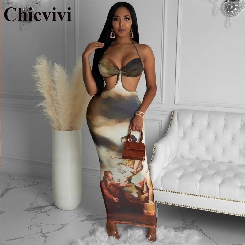 

Сексуальный Холтер Печатные женское платье с низким вырезом на спине и открытыми плечами облегающее Вечерние Платье длинное Клубное плать...