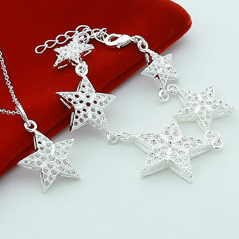 

New 925 Sterling Silver 18-Inch Five-Pointed Star Chain Necklace Bracelet Set For WomenS Wedding And Engagement Party Jewelry