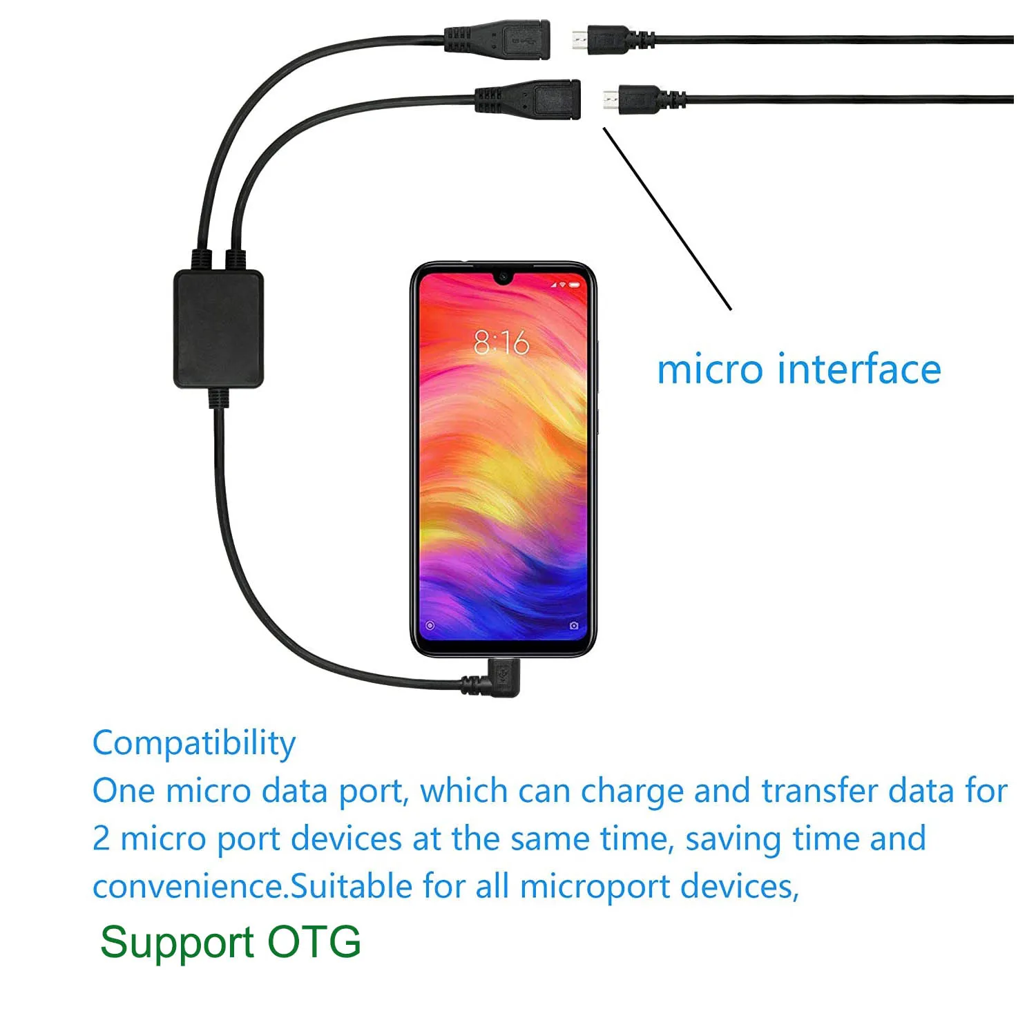 Кабель-разветвитель Micro USB 5-контактный штекер-2 гнезда левый угол для зарядки и