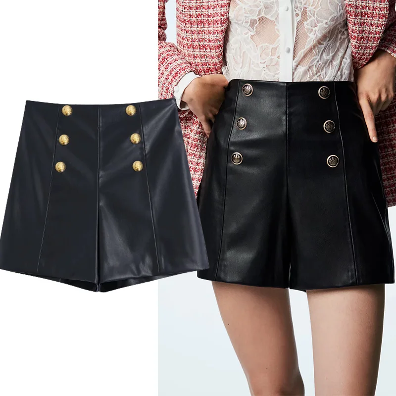 

TRAF Za Woman Shorts 2021 Summer Fashion Buttoned Faux Leather Casual Shorts Vintage High Casual Waist Female Short Pants Mujer