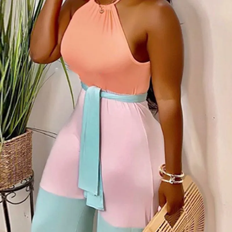 

Women Sleeveless Contrast Color Spring And Summer With Sashes Jumpsuits Casual Sexy Vacation Jumpsuits For Woman