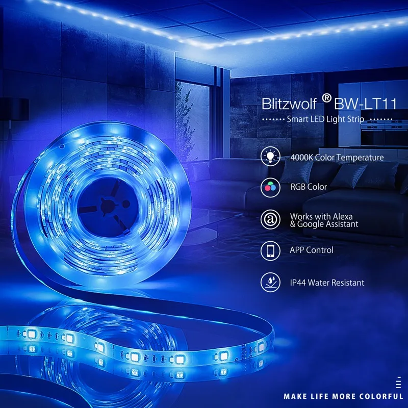 BlitzWolf BW-LT11, 2 м/5 м, умное управление с помощью приложения, RGBW, светодиодный светильник в комплекте или 1 м, светильник в полоску, удлинитель, плюс, ЕС, США, штекер, светодиодный светильник в полоску