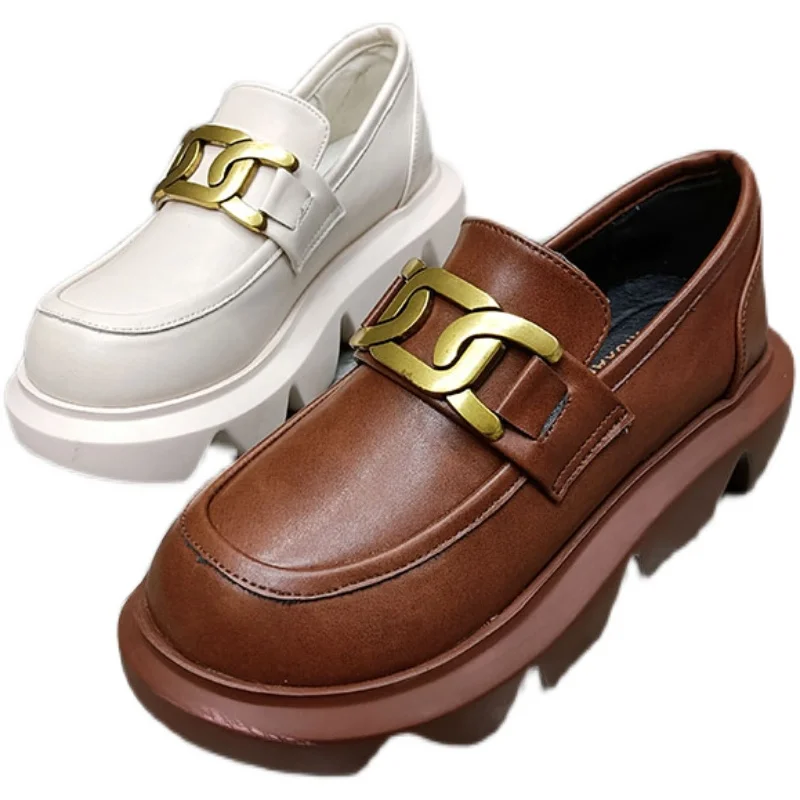 

Leather round toe metal chain single shoes British style small leather shoes casual women's shoes platform platform shoes women
