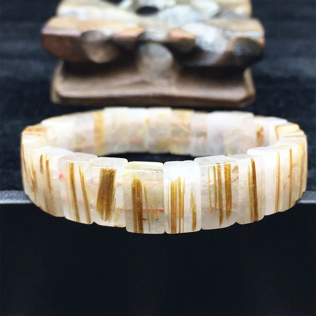 

Natural Gold Rutilated Quartz Bracelet Bangle Jewelry For Women Men 12x6mm Beads Healing Wealth Stone Titanium Gemstone Stretch