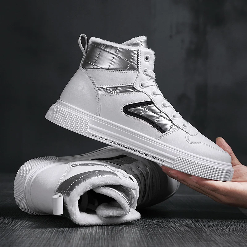 

Мужские зимние туфли с высоким верхом, прогулочная обувь, Белые Повседневные холщовые туфли с добавлением хлопка, увеличивающие рост некож...