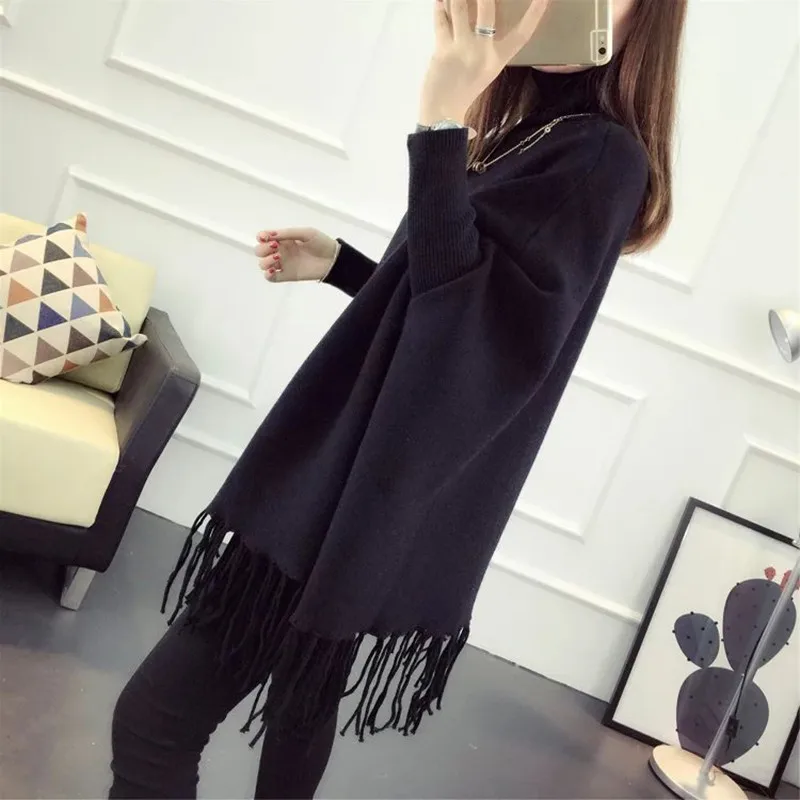 

2018 New Spring Autumn Winter Women Sweater Tassels Poncho Batwing Sleeve Long Knitted Pullovers Knitted Coat Sw091