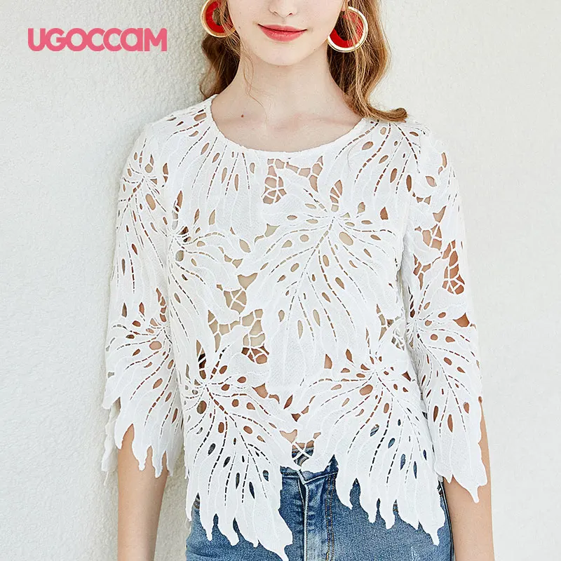 UGOCCAM, Белый Топ, Цветочный Топ, блузка, одноцветная, с оборками, Прошитый, женский, прозрачный топ, сексуальный, Повседневный, облегающий, летний, сетчатый, богемный, гипюровый