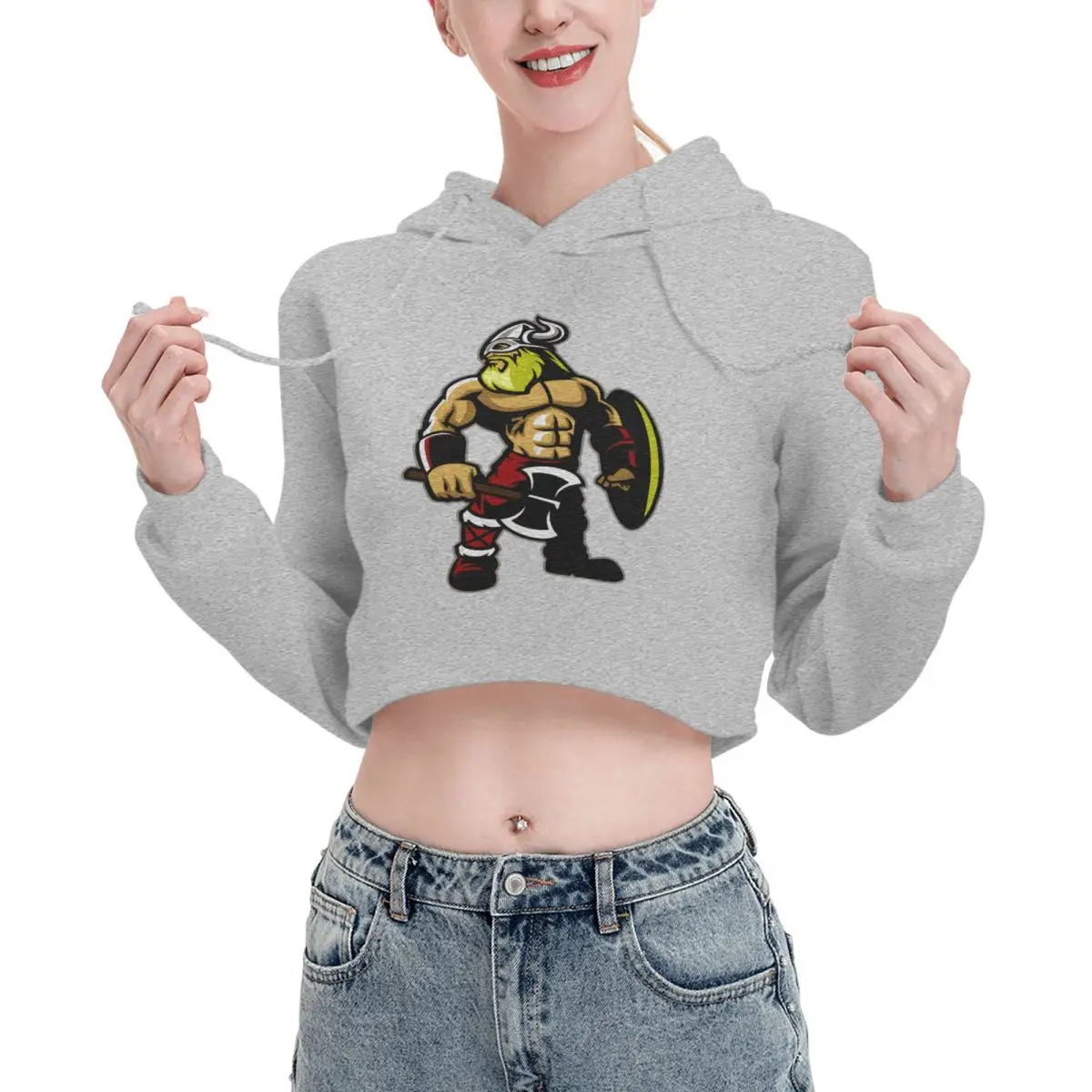 

Open navel Cat Ear Hoodie Sweater Viking Warrior With An Axe Viking Hooded rope Funny Novelty cute Print Vikings pullover